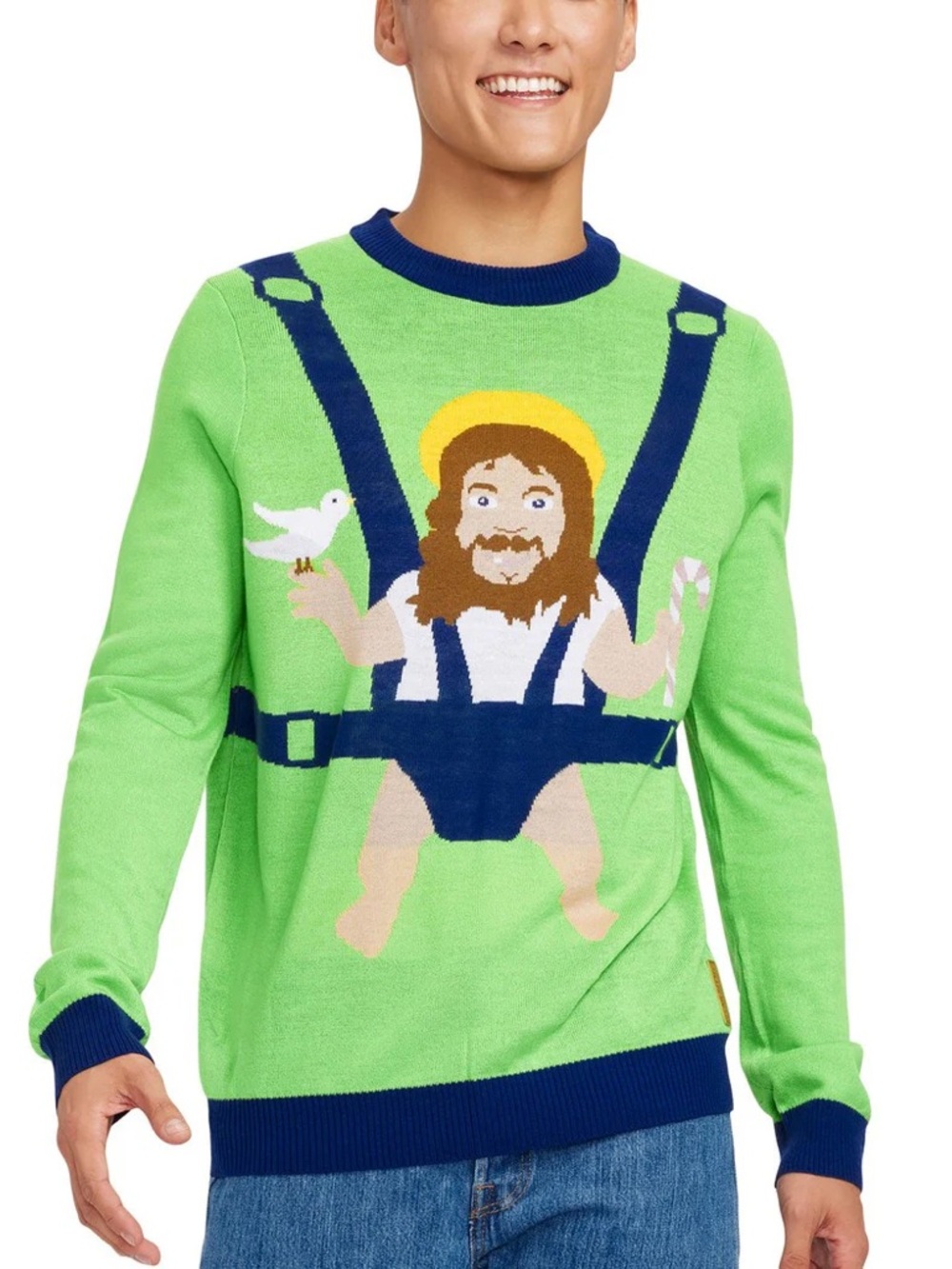 Tipsy Elves Men's Green Ugly Sweater Baby Jesus Novelty Graphic Sweater